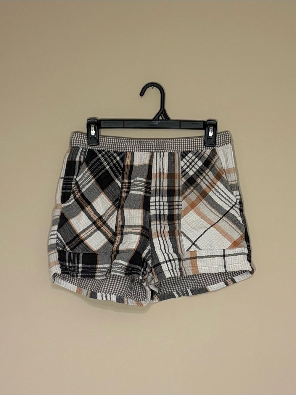 Aerie Plaid Patchwork Athletic Shorts in Black, White & Brown, with Pockets